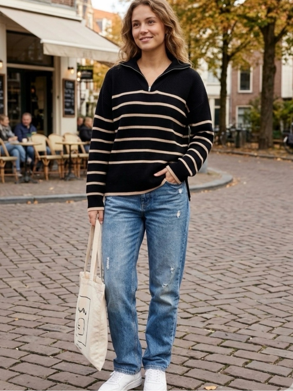 Black and Cream Striped Half-Zip Sweater, Hazel Heart Sweater